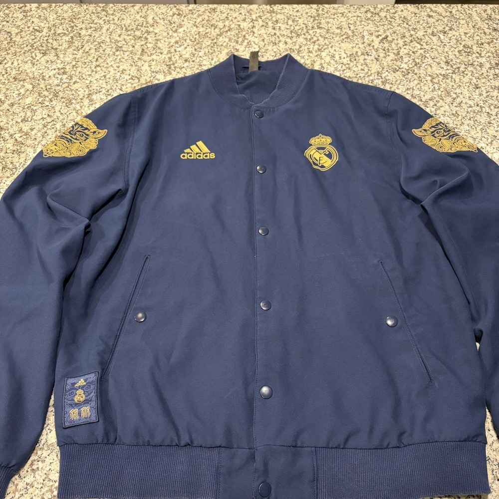 Vintage 2013 Adidas Real Madrid Snap Button Jacket Blue/Gold Mens Size M